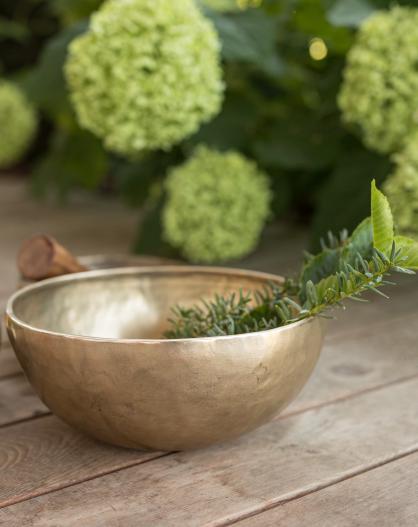 Klangschale mit frischem Grün auf Holzboden