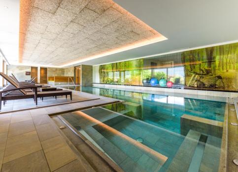 Piscina interna luminosa con lettini e un'immagine del bosco