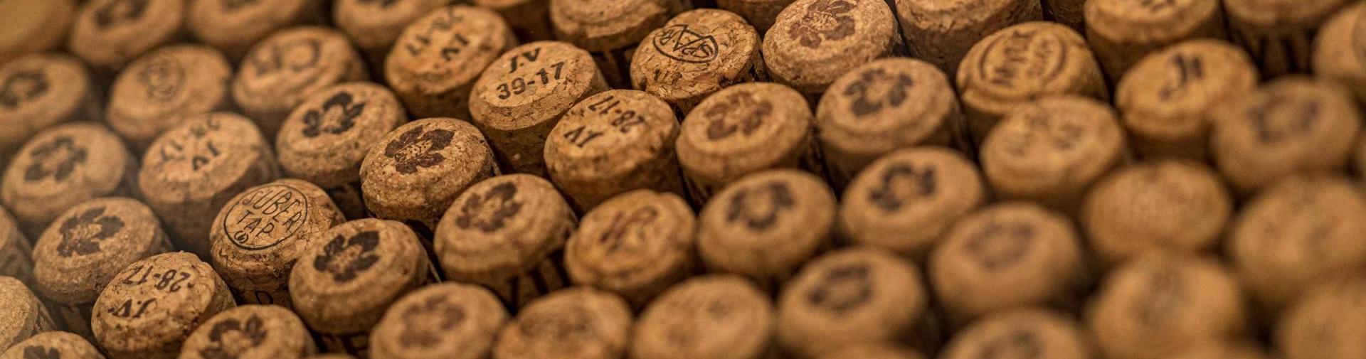 Tanti tappi di spumante con numeri e simboli, fotografati da vicino.