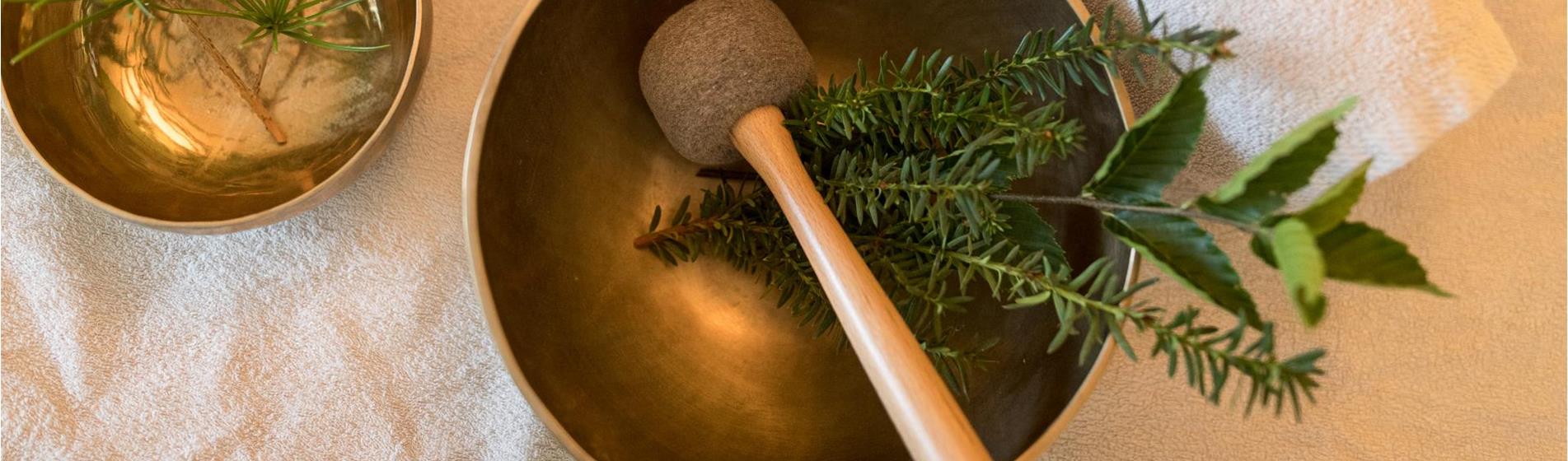 Klangschalen mit Kräutern und zwei gerollte Handtücher